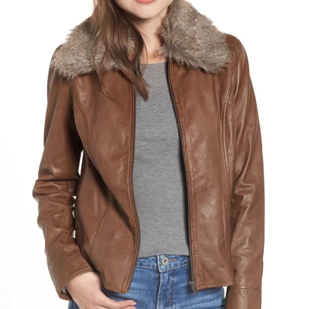 Hinge Faux Fur Collar Leather Jacket M NWT